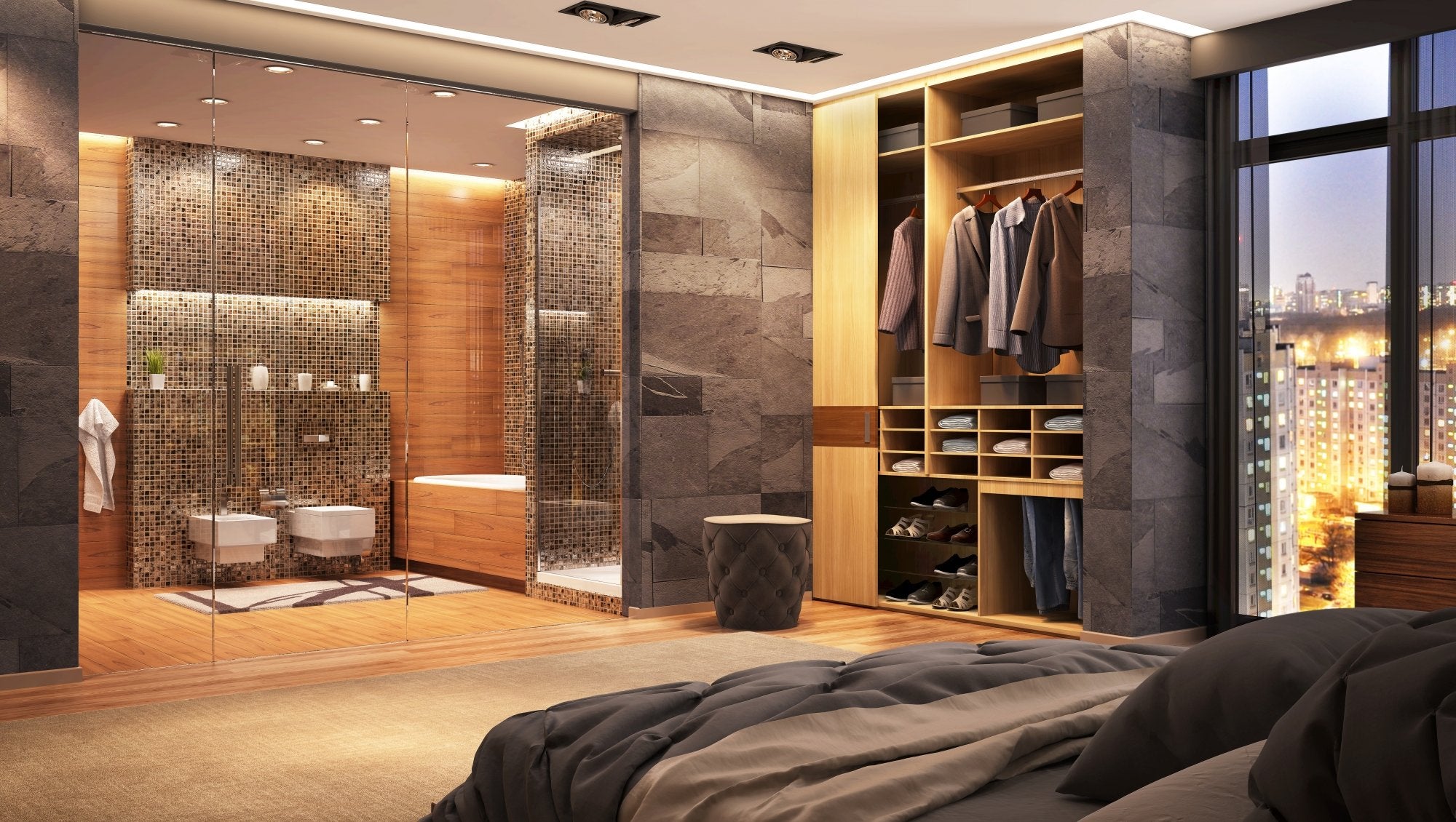 suite parentale moderne avec salle de bain et dressing Conception d'une salle de bain suite parentale